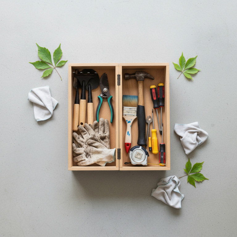 Visueel stappenplan voor onderhoud in huis en buiten met seizoensgebonden taken voor lente, zomer, herfst en winter